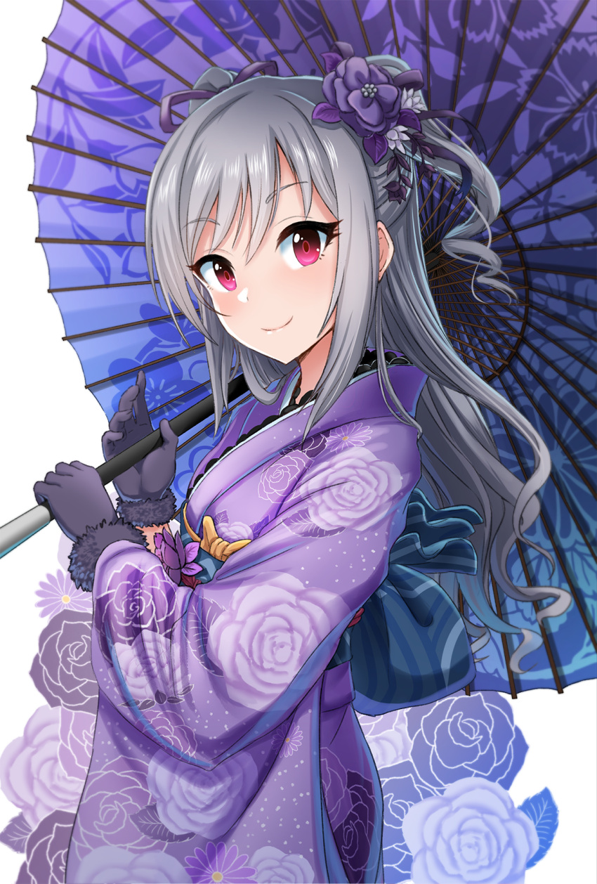 1girl alternate_hairstyle bangs black_gloves breasts carrying_over_shoulder closed_mouth cowboy_shot drill_hair eyebrows_visible_through_hair floral_background floral_print flower from_side fur_trim gloves grey_hair hair_flower hair_ornament hair_ribbon highres holding holding_umbrella idolmaster idolmaster_cinderella_girls idolmaster_cinderella_girls_starlight_stage japanese_clothes kanzaki_ranko kimono kitiku long_hair long_sleeves looking_at_viewer obi oriental_umbrella print_kimono print_umbrella purple_flower purple_ribbon red_eyes ribbon sash small_breasts smile solo swept_bangs twin_drills two_side_up umbrella white_background wide_sleeves