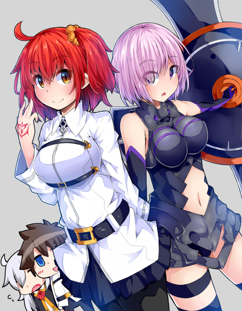 1boy 3girls :d ahoge armor armored_dress armpit_peek ascot bangs bare_shoulders black_hair black_legwear black_skirt blue_gloves blush breasts command_spell cowboy_shot elbow_gloves eyes_visible_through_hair fate/grand_order fate_(series) fujimaru_ritsuka_(female) fujimaru_ritsuka_(male) gloves hair_ornament hair_over_one_eye hair_scrunchie highres ishimu large_breasts lavender_eyes lavender_hair long_sleeves looking_at_viewer medium_breasts multiple_girls navel olga_marie open_mouth pantyhose parted_lips redhead riyo_(lyomsnpmp)_(style) scrunchie shield shielder_(fate/grand_order) shirt side_ponytail skirt smile thigh-highs white_hair white_shirt yellow_eyes