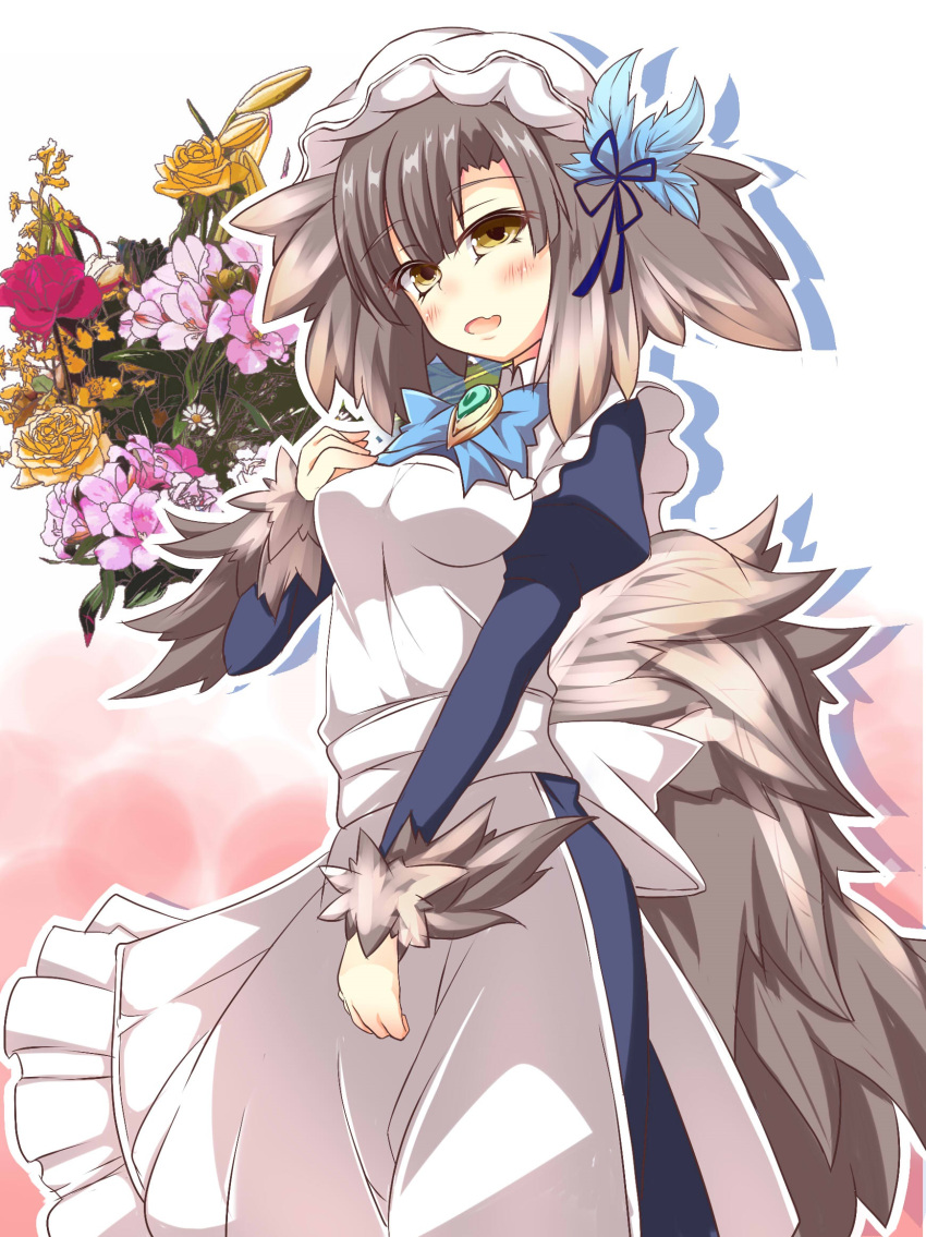 1girl apron artist_request asymmetrical_bangs bangs blush bow bowtie brooch brown_hair feathers flower hair_feathers hair_ornament hat highres jewelry juliet_sleeves kikimora_(monster_girl_encyclopedia) long_sleeves looking_at_viewer maid maid_apron monster_girl monster_girl_encyclopedia open_mouth puffy_sleeves short_hair solo tail yellow_eyes