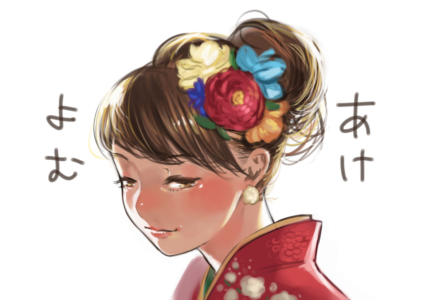 1girl absurdres bangs blush brown_eyes brown_hair close-up earrings floral_print hair_bun hair_ornament half-closed_eyes happy_new_year highres japanese_clothes jewelry kanzashi kimono light_smile matching_hair/eyes naughty_face new_year original portrait red_kimono simple_background solo translated upper_body white_background yomu_(sgt_epper)