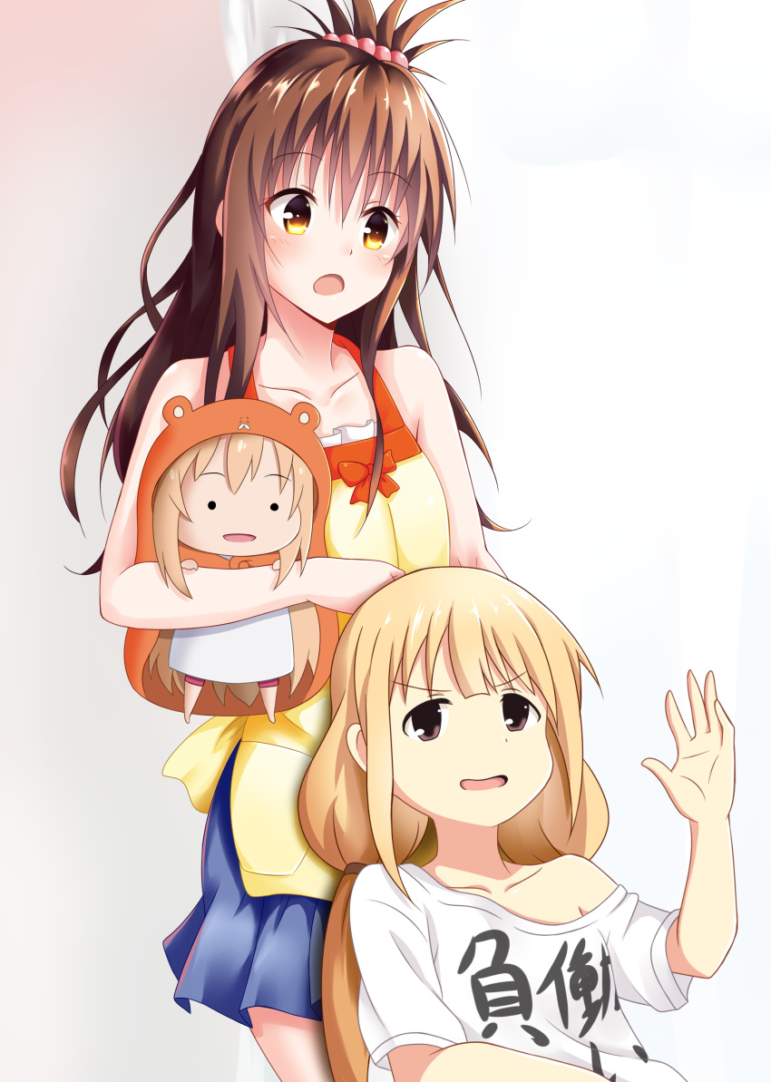 3girls absurdres blonde_hair blush brown_hair chibi doma_umaru futaba_anzu hamster_costume highres himouto!_umaru-chan idolmaster idolmaster_cinderella_girls komaru long_hair multiple_girls open_mouth seno_(nanrandesu) shirt t-shirt to_love-ru yellow_eyes you_work_you_lose yuuki_mikan