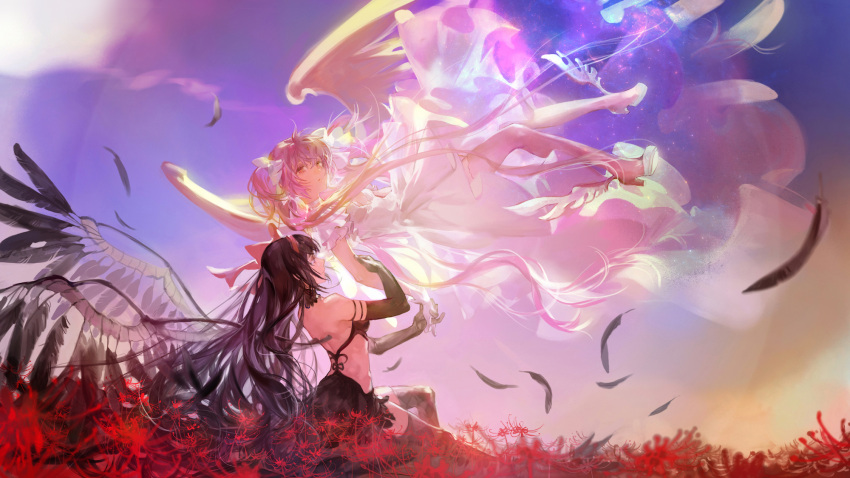 2girls akemi_homura akuma_homura bare_shoulders black_hair black_wings choker elbow_gloves feathers female flower gloves goddess_madoka hamul hand_holding high_heels highres kaname_madoka long_hair mahou_shoujo_madoka_magica mahou_shoujo_madoka_magica_movie multiple_girls noir_(ibaraki) pink_hair sitting twintails white_wings wings yuri