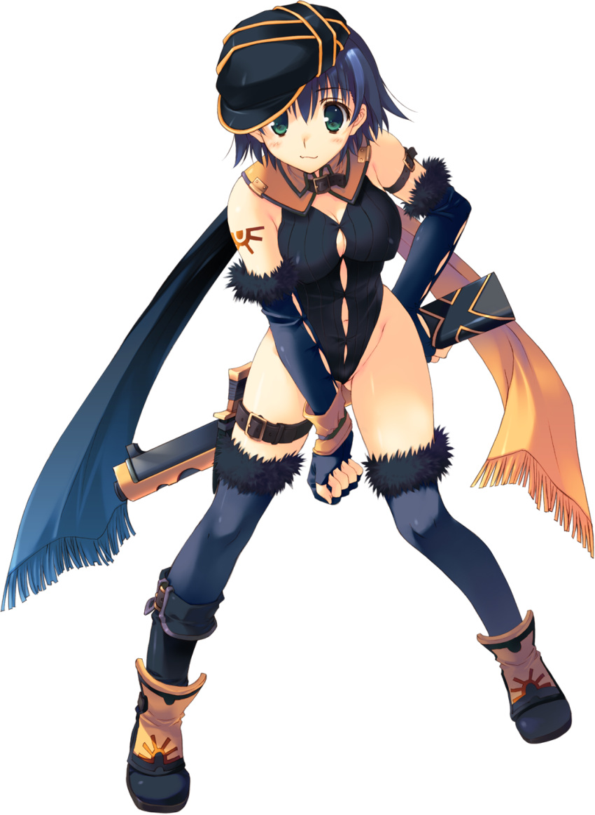 1girl black_legwear blue_hair breasts elbow_gloves fingerless_gloves full_body fur_trim gloves green_eyes hand_on_hip hat highres large_breasts leaning_forward leotard looking_at_viewer mitsumi_misato short_hair smile standing tattoo to_heart_2 to_heart_2_dungeon_travelers tonami_yuma transparent_background