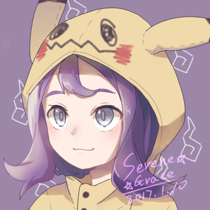 1girl :3 acerola_(pokemon) akane_akane bangs blush close-up closed_mouth cosplay elite_four face flipped_hair highres hood hoodie looking_to_the_side mimikyu mimikyu_(cosplay) pokemon pokemon_(game) pokemon_sm purple_background purple_hair short_hair signature simple_background solo trial_captain violet_eyes wavy_mouth