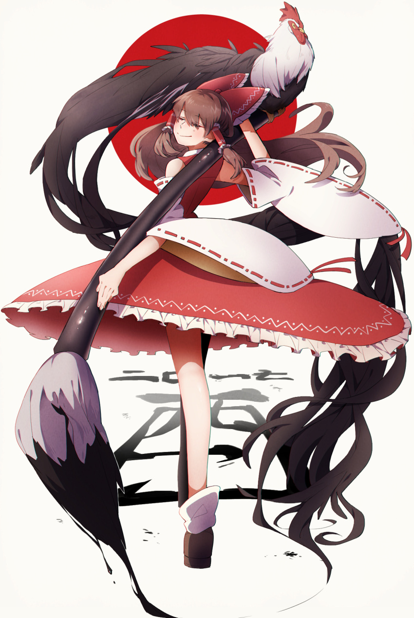 1girl bird bobby_socks bow brown_hair brown_shoes calligraphy calligraphy_brush chicken closed_eyes detached_sleeves facing_viewer frilled_bow frilled_skirt frills full_body giant_brush hair_bow hair_tubes hakurei_reimu highres ink long_hair namataro paintbrush pose red_bow red_skirt rooster shoes sidelocks skirt smile socks solo touhou very_long_tail white_background white_legwear wide_sleeves zodiac