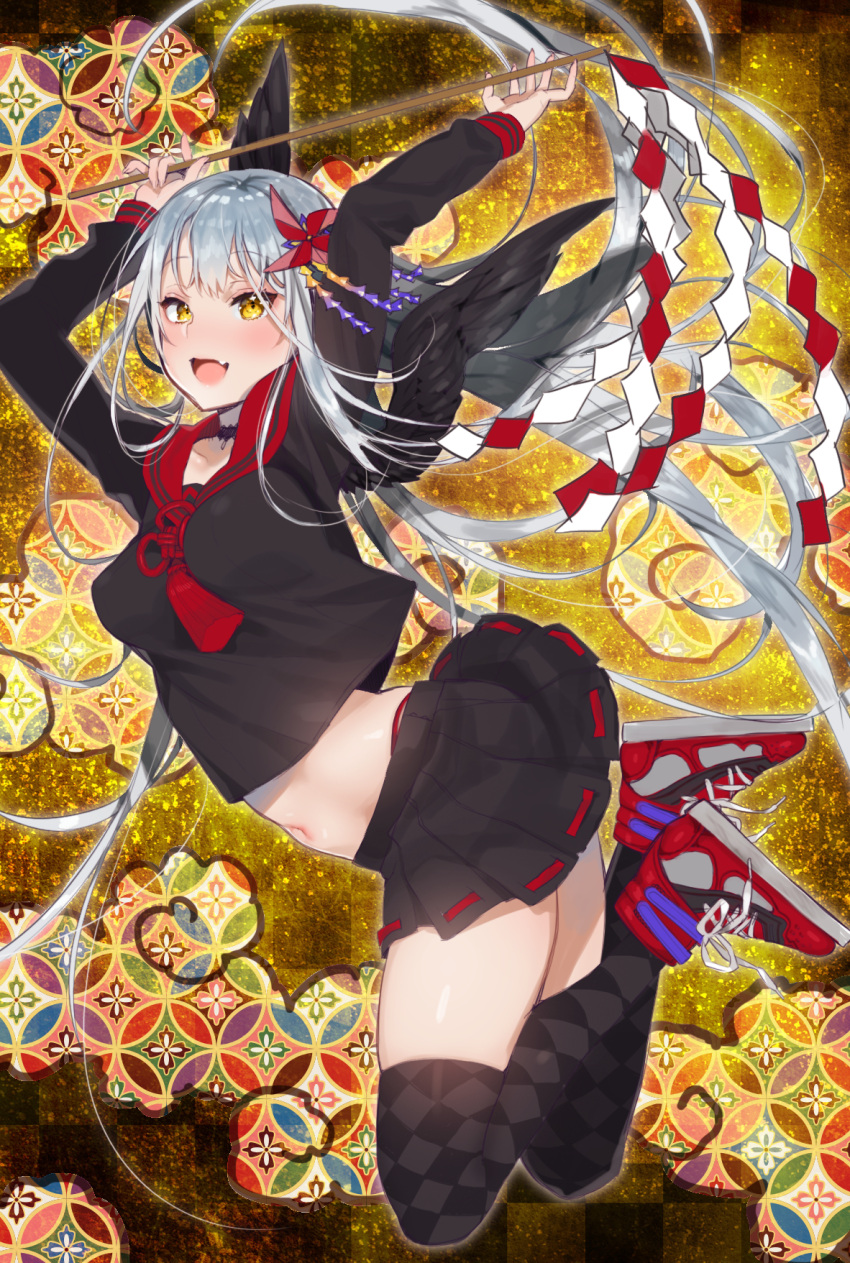 1girl :d arms_up bird black_legwear blush breasts crop_top crop_top_overhang crow fang highres long_hair looking_at_viewer midriff navel nito_(siccarol) open_mouth pleated_skirt school_uniform serafuku shiny shiny_skin shippou_(pattern) shoes silver_hair skindentation skirt smile sneakers solo thigh-highs very_long_hair yellow_eyes
