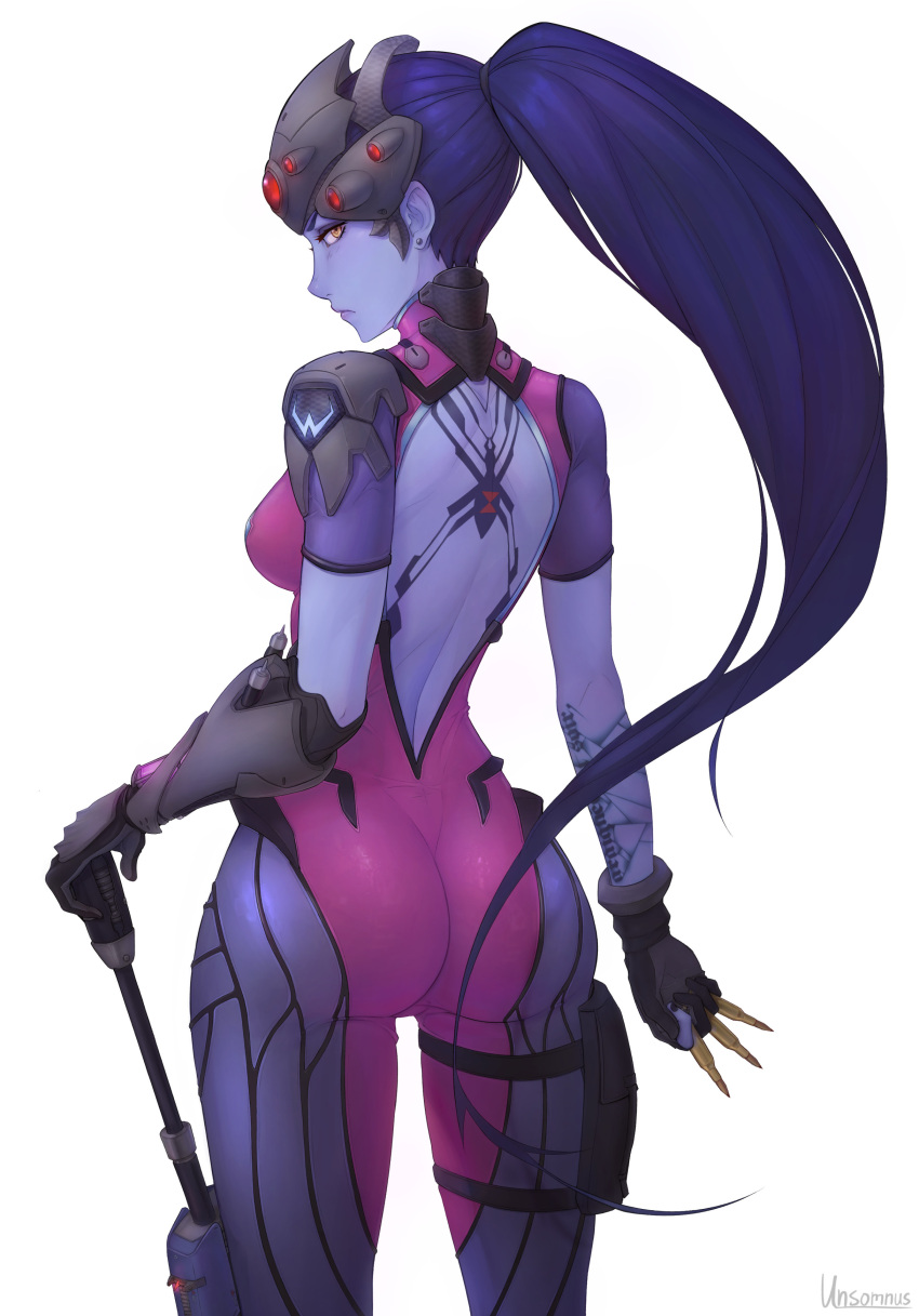 1girl absurdres ass blue_hair bodysuit breasts cartridge earrings gloves gun highres jewelry lips long_hair looking_at_viewer looking_back overwatch ponytail purple_skin rifle simple_background solo unsomnus weapon white_background widowmaker_(overwatch) yellow_eyes