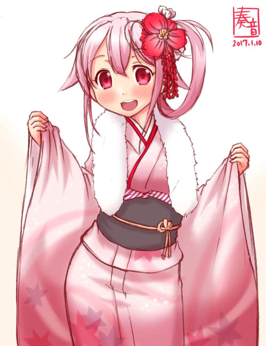 1girl :d alternate_costume alternate_hairstyle flower fur_collar hair_flower hair_ornament harusame_(kantai_collection) highres kanon_(kurogane_knights) kantai_collection long_hair looking_at_viewer obi open_mouth pink_eyes pink_hair sash simple_background sketch smile solo white_background