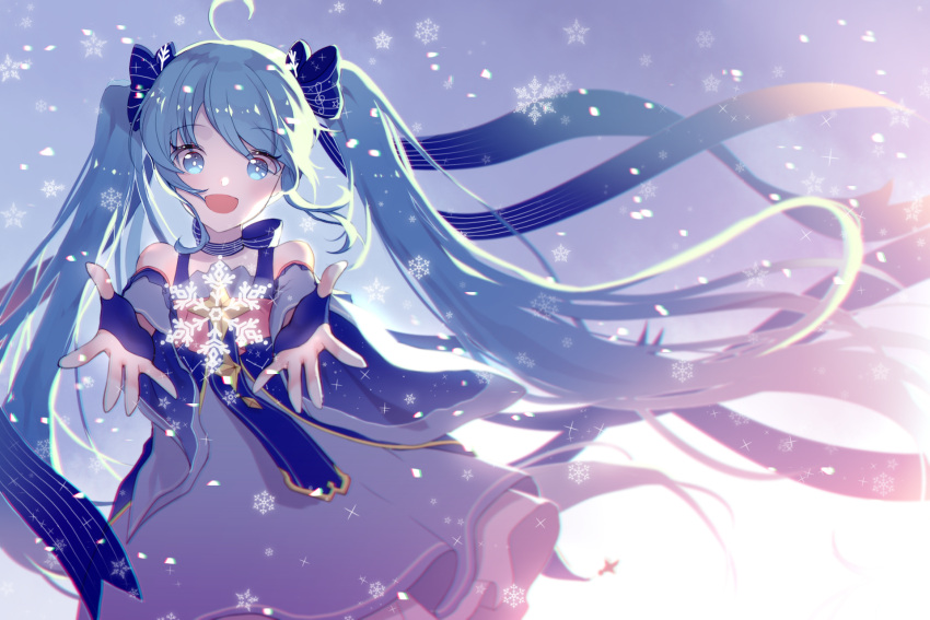 1girl :d ahoge bangs blue_dress blue_eyes blue_gloves blue_hair blue_ribbon blurry depth_of_field detached_sleeves dress eyebrows_visible_through_hair fingerless_gloves floating_hair gloves hair_ribbon hatsune_miku highres long_hair matching_hair/eyes mechuragi neck_ribbon open_mouth outstretched_arms outstretched_hand ribbon smile snowflakes solo striped striped_ribbon treble_clef twintails vocaloid yuki_miku