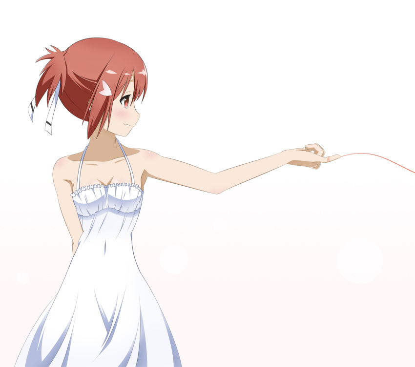 1girl arm_behind_back blush collarbone dress eyebrows_visible_through_hair frilled_dress frills hair_ornament halterneck highres looking_to_the_side ototsu_(nitta225) parted_lips pinky_out profile red_eyes red_string redhead short_hair short_ponytail sideways_mouth simple_background solo spaghetti_strap string sundress white_background white_dress yuuki_yuuna yuuki_yuuna_wa_yuusha_de_aru yuusha_de_aru