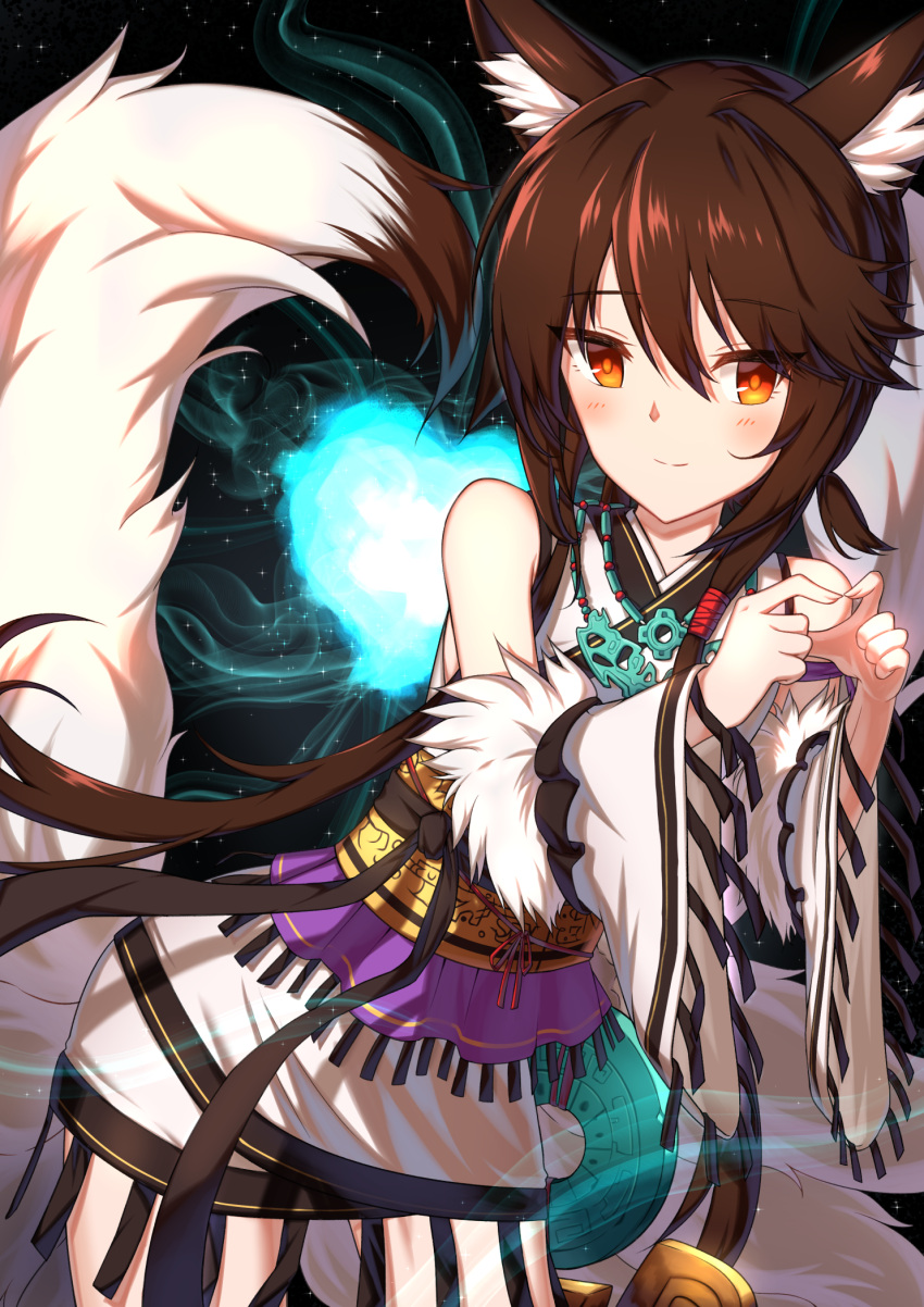 1girl animal_ears blush brown_eyes brown_hair detached_sleeves fire fox_ears fox_tail fur_trim girls_frontline highres japanese_clothes jewelry kitsune long_hair looking_at_viewer necklace panix2383 skirt smile tail type_79_(girls_frontline)