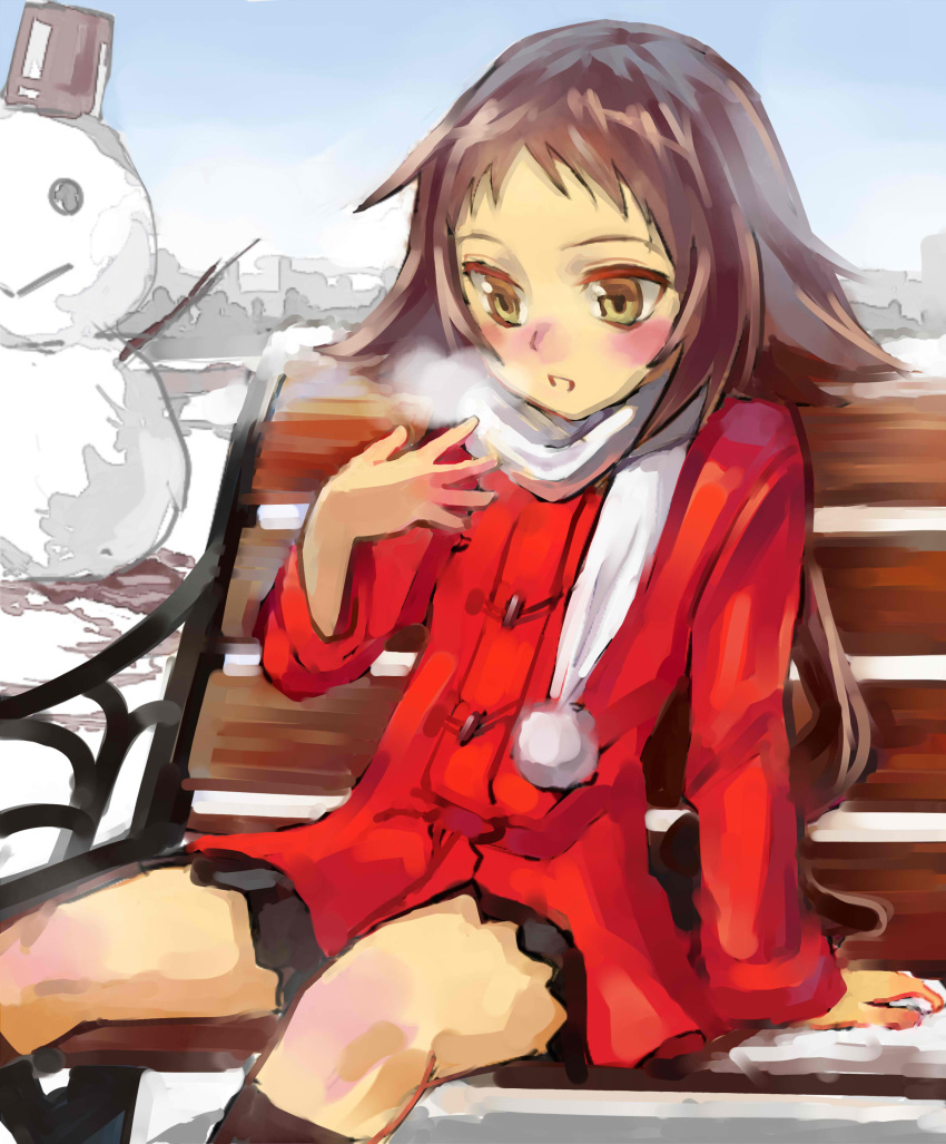 1girl absurdres bench blush breath breathing_on_hands brown_eyes brown_hair coat denchu_(kazudentyu) highres kneehighs long_hair low_ponytail matching_hair/eyes mikakunin_de_shinkoukei mitsumine_mashiro outdoors pom_pom_(clothes) red_coat scarf sitting skirt snow snowman solo white_scarf winter winter_clothes