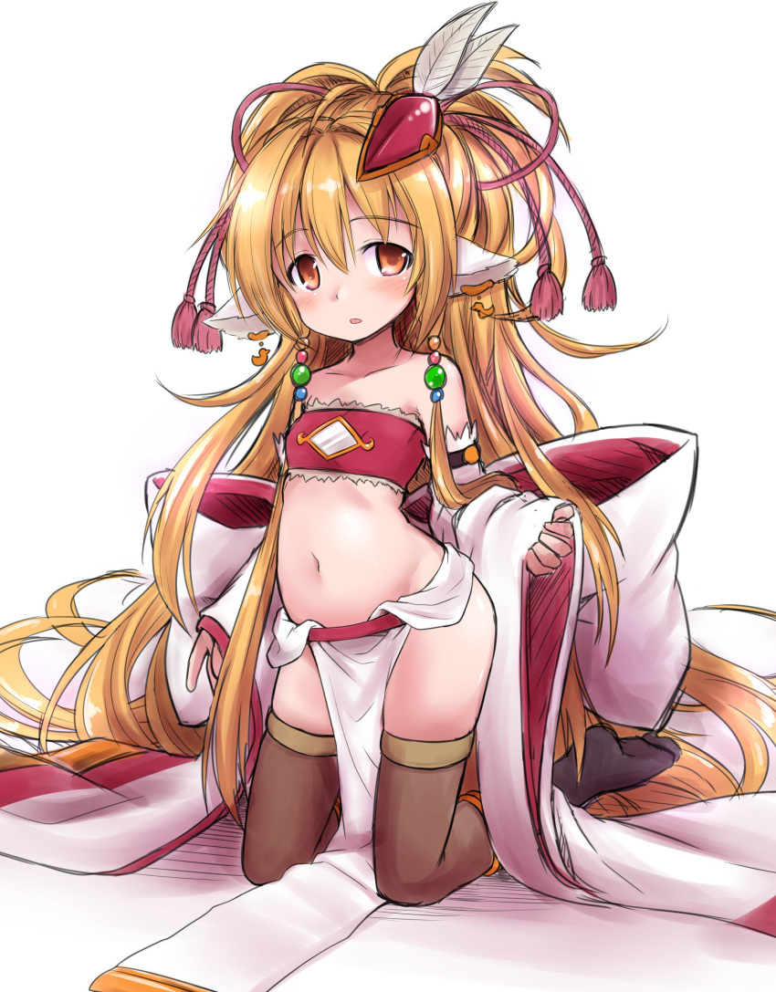 1girl absurdres animal_ears bandeau bangs bare_shoulders beads bird black_legwear blonde_hair blush breasts brown_eyes brown_legwear chick collarbone crop_top detached_sleeves earrings eyebrows_visible_through_hair feathers granblue_fantasy hair_beads hair_between_eyes hair_feathers hair_ornament highres jewelry kneeling loincloth long_hair looking_at_viewer makira_(granblue_fantasy) midriff navel nikke no_shoes parted_lips petite simple_background sleeves_past_wrists small_breasts solo stomach thigh-highs thighs white_background