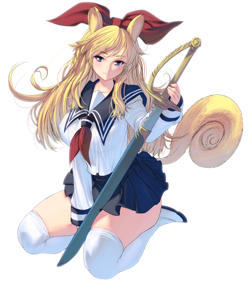 1girl animal_ears blonde_hair blue_eyes blue_skirt bow breasts collarbone erect_nipples full_body hair_bow highres large_breasts long_hair masao miniskirt original over-kneehighs pleated_skirt red_bow scabbard school_uniform seiza sheath shoes sitting skirt smile solo sword tail thigh-highs thighs unsheathing uwabaki weapon white_background white_legwear