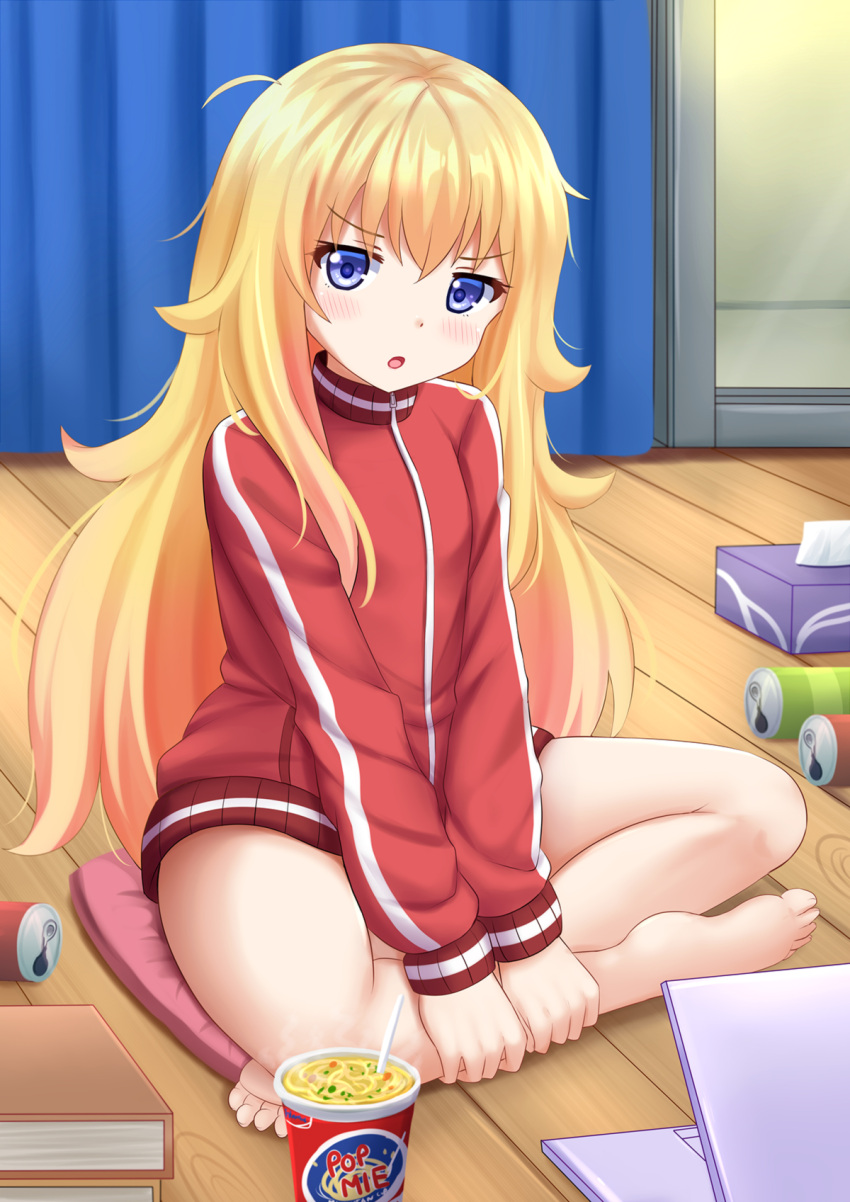 1girl :o barefoot blonde_hair blue_eyes blush book can computer curtains cushion eyebrows_visible_through_hair feet food gabriel_dropout hair_over_shoulder head_tilt highres indoors jacket kazenokaze laptop leg_grab long_hair long_sleeves noodles open_mouth outstretched_arms ramen red_jacket sitting sliding_doors soda_can solo tenma_gabriel_white tissue tissue_box toes track_jacket very_long_hair wooden_floor zipper