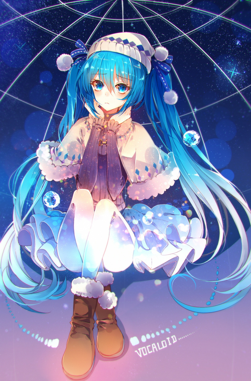 1girl absurdres bangs baocaizi blue_eyes blue_hair boots brown_boots capelet closed_mouth copyright_name frown full_body fur_trim hair_between_eyes hatsune_miku highres knees_up knit_hat layered_skirt long_hair long_sleeves looking_at_viewer matching_hair/eyes pantyhose ribbed_sweater sitting solo sweater twintails very_long_hair vocaloid white_legwear winter_clothes