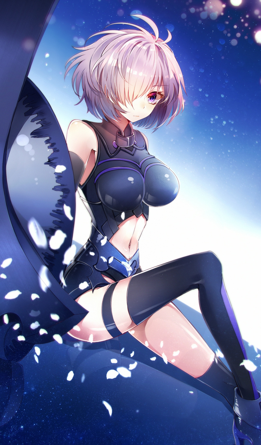 &gt;:( 1girl absurdres ahoge armor armored_dress armpit_peek baocaizi bare_shoulders black_legwear breasts closed_mouth elbow_gloves fate/grand_order fate_(series) from_side gloves hair_over_one_eye highres knee_up large_breasts lavender_eyes lavender_hair looking_at_viewer looking_to_the_side navel petals shield shielder_(fate/grand_order) short_hair sitting solo thigh-highs