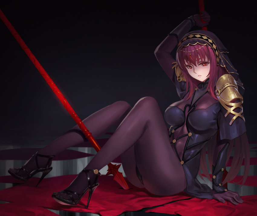 1girl 676264220 bodysuit breasts covered_navel fate/grand_order fate_(series) gae_bolg highres large_breasts long_hair looking_at_viewer pauldrons polearm purple_bodysuit purple_hair red_eyes scathach_(fate/grand_order) solo spear veil weapon