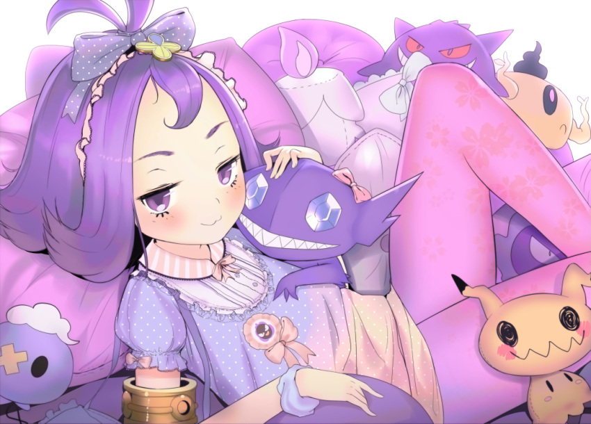 1girl :3 acerola_(pokemon) armlet badge bed blush bow buttons closed_mouth collared_shirt diamond diamond_(shape) drifloon elite_four eyelashes flat_chest flipped_hair floral_print frilled_shirt frilled_sleeves frills gastly gengar grin hair_ornament hair_ribbon half-closed_eyes hand_on_another's_chest head_on_shoulder headdress hideousbeing leggings legs litwick looking_at_viewer lying lying_on_lap mimikyu neck_ribbon npc_trainer on_back phantump pillow pink_legwear pink_ribbon pokemon pokemon_(creature) pokemon_(game) pokemon_sm polka_dot polka_dot_bow polka_dot_shirt purple_hair ribbon sableye sharp_teeth shirt short_hair short_sleeves simple_background smile solo striped stuffed_toy teeth trial_captain violet_eyes wavy_mouth white_background wristband