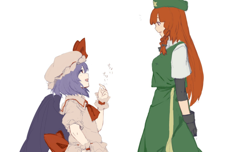 2girls arms_behind_back ascot bat_wings beckoning beret black_gloves blue_hair braid china_dress chinese_clothes dress from_side gloves green_dress green_hat hand_on_hip hat height_difference highres hong_meiling long_hair looking_at_another looking_down looking_up mob_cap multiple_girls open_mouth red_eyes redhead remilia_scarlet short_hair sketch smile star terimayo touhou twin_braids wings wrist_cuffs