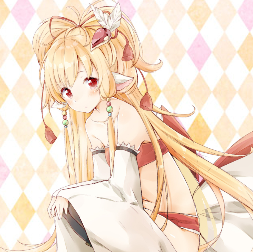 1girl argyle argyle_background azuki_(krps-hano) bandeau bangs bare_shoulders beads black_legwear blonde_hair blush breasts collarbone detached_sleeves feathers granblue_fantasy hair_beads hair_feathers hair_ornament long_hair looking_at_viewer makira_(granblue_fantasy) navel parted_lips red_eyes small_breasts solo squatting thigh-highs very_long_hair wide_sleeves