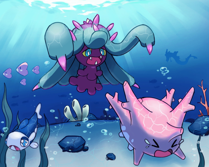 &gt;o&lt; blue_eyes bubble chasing closed_eyes coral coral_reef corsola crying fangs gyarados light_rays luvdisc mareanie no_humans ocean ocean_bottom open_mouth pokemon pokemon_(creature) pokemon_(game) pokemon_sm rock sand seaweed sharp_teeth spikes swimsuit tearing_up tears teeth underwater water wishiwashi yellow_sclera