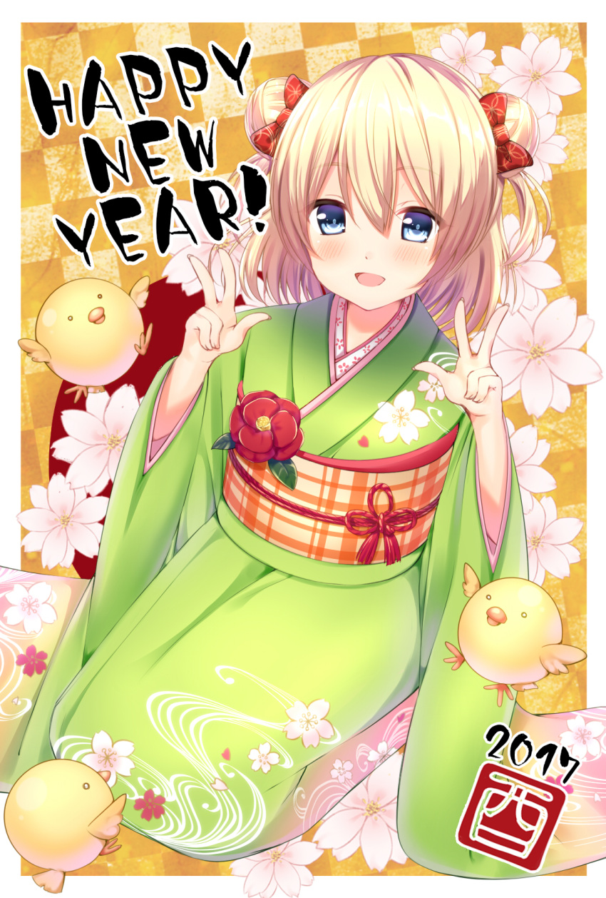 1girl 2017 bangs bird blonde_hair blue_eyes blush bow camellia_(flower) checkered checkered_background chick double_bun double_v eyebrows_visible_through_hair floral_background floral_print flower furisode green_kimono hair_between_eyes hair_bow hands_up happy_new_year highres hio_(hiohio0306) japanese_clothes japanese_flag kimono looking_at_viewer nengajou new_year obi open_mouth original red_bow red_flower sash short_hair smile solo translated v year_of_the_rooster