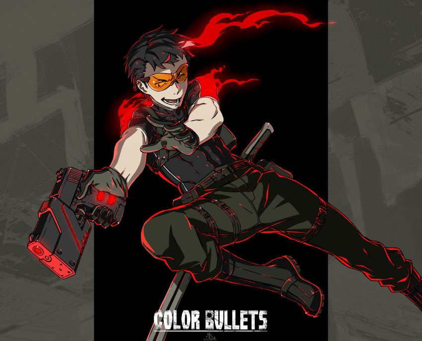 1boy abekawa_kippei_(kamezaemon) belt black_hair boots color_bullets commentary_request facial_hair gloves goatee gun handgun highres holster jumping kamezaemon male_focus military military_uniform one_eye_closed open_mouth orange_goggles original pants solo uniform weapon