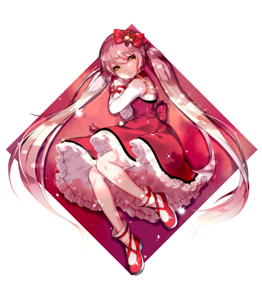 1girl bangs bell brown_eyes closed_mouth diamond_(shape) dress eyebrows_visible_through_hair frilled_dress frills hair_bell hair_between_eyes hair_ornament highres jingle_bell light_brown_hair long_hair long_sleeves lying maplestory_2 mechuragi on_side original red_dress red_shoes shoes simple_background smile solo twintails very_long_hair white_background