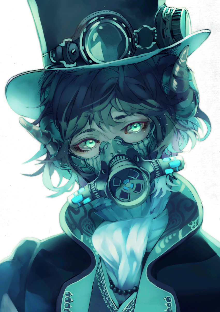 1boy absurdres ascot bangs beads black_hair black_hat covered_mouth cyberpunk eyelashes fasna formal gas_mask glowing glowing_eyes green_eyes hat head_tilt highres horns looking_at_viewer male_focus original portrait simple_background solo top_hat white_background