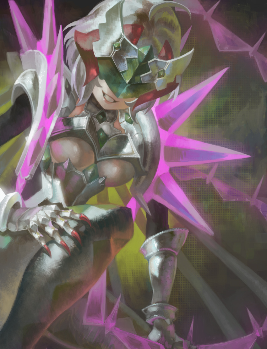 1girl ahoge argyle armor bodysuit breastplate breasts claws gauntlets grin headgear highres kneeling large_breasts lips long_hair one_knee parted_lips pauldrons senki_zesshou_symphogear shoulder_spikes silver_hair smile solo spikes teeth twintails under_boob visor visqi whip yukine_chris