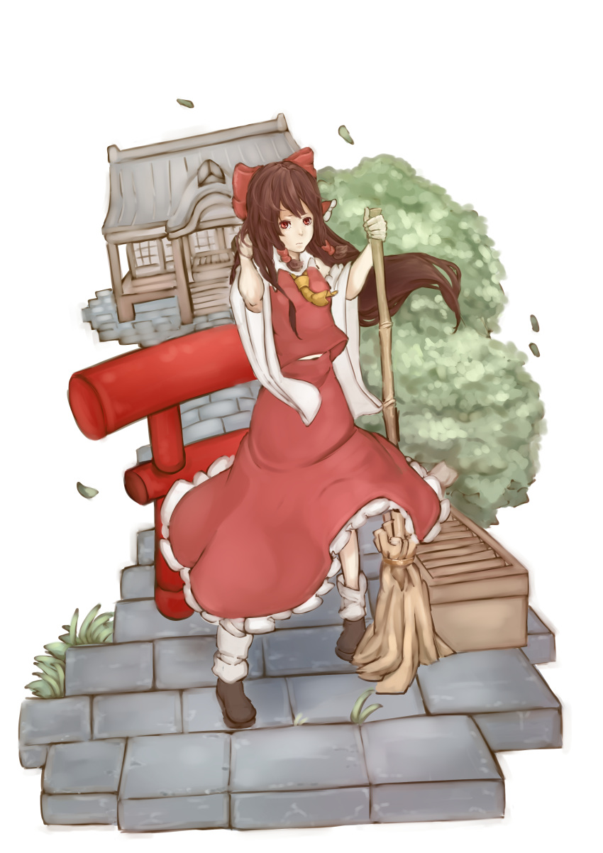 1girl absurdres alternate_hair_length alternate_hairstyle ascot bangs black_shoes bow box breasts broom brown_hair bush detached_sleeves donation_box expressionless frilled_bow frilled_skirt frills grass hair_between_eyes hair_bow hakurei_reimu hakurei_shrine hand_in_hair highres holding holding_broom light_frown long_hair long_skirt looking_at_viewer nagi_(xx001122) red_eyes red_shirt red_skirt shirt shoes simple_background skirt small_breasts solo stone_walkway torii touhou very_long_hair white_background white_legwear wide_sleeves wind