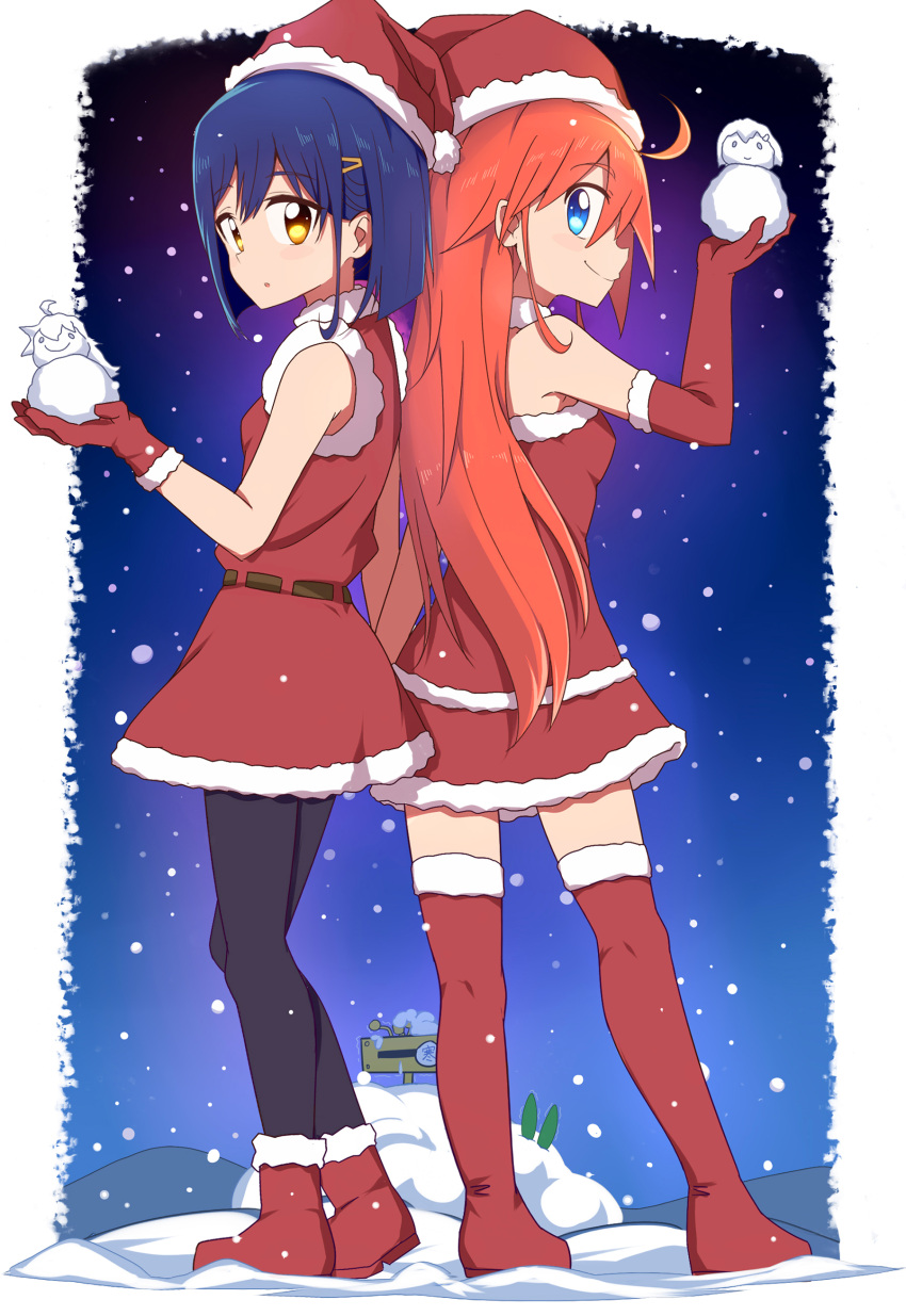 2girls absurdres blue_eyes blue_hair caibao christmas dress flip_flappers hair_ornament hairclip hat highres kokomine_cocona long_hair multiple_girls night night_sky papika_(flip_flappers) red_dress santa_costume santa_hat short_hair skirt sky snow snowing tt-392