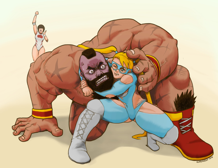 1boy 2girls absurdres asphyxiation battle beard blonde_hair blue_eyes boots cheek-to-cheek cheering cross-laced_footwear facial_hair height_difference highres knee_boots lace-up_boots leotard mohawk multiple_girls muscle quasimodox rainbow_mika simple_background size_difference strangling street_fighter street_fighter_v twintails wrestling wrestling_mask wrestling_outfit yamato_nadeshiko_(street_fighter) zangief