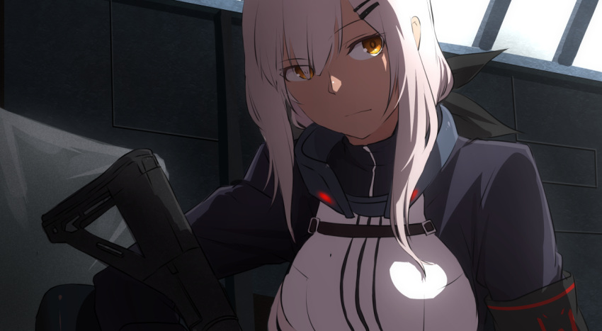 1girl armband backlighting bangs closed_mouth day eyebrows_visible_through_hair eyes_visible_through_hair girls_frontline gun hair_between_eyes hair_ornament hairclip holding holding_gun holding_weapon indoors long_hair long_sleeves looking_to_the_side mossberg_m590_(girls_frontline) solo sunlight swept_bangs upper_body weapon white_hair xiu_jiayihuizi yellow_eyes