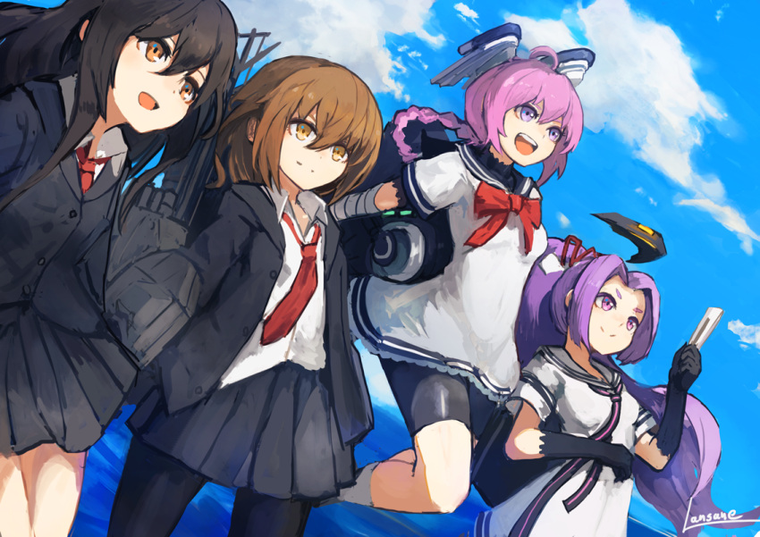 4girls arm_warmers artist_name bangs bare_legs bike_shorts black_hair blue_sky braid brown_eyes brown_hair clouds commentary_request day dress fan gloves hair_between_eyes hair_ribbon hatsuharu_(kantai_collection) hatsushimo_(kantai_collection) headgear holding holding_fan jacket jumping kantai_collection lansane long_hair long_sleeves looking_afar multiple_girls neckerchief nenohi_(kantai_collection) ocean open_clothes open_collar open_jacket open_mouth pantyhose parted_bangs pink_eyes pink_hair pleated_skirt ponytail purple_hair ribbon rigging sailor_dress school_uniform shirt short_hair short_sleeves shorts_under_skirt sidelocks skirt sky smile socks solo_focus violet_eyes wakaba_(kantai_collection) white_dress white_shirt