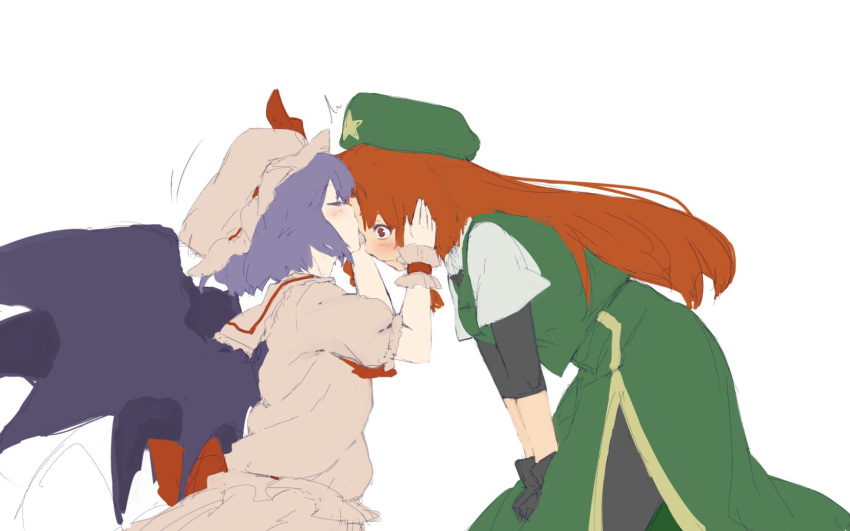 2girls ascot bat_wings bending_forward bent_over beret black_gloves blue_hair blush china_dress chinese_clothes closed_eyes dress forehead_kiss from_side gloves green_hat hat highres hong_meiling kiss leaning_forward long_hair mob_cap multiple_girls pantyhose red_eyes redhead remilia_scarlet short_hair sketch terimayo touhou wings wrist_cuffs yuri