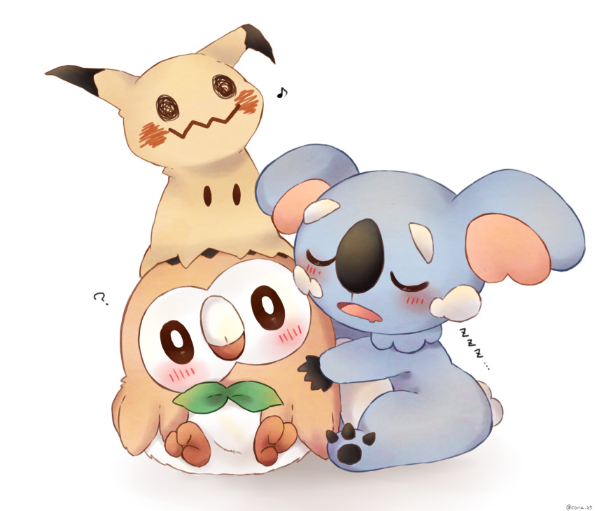 ? bird blush closed_eyes costume highres koala komala kona_(cona_25) leaf mimikyu musical_note owl pikachu_costume pokemon pokemon_(creature) pokemon_(game) pokemon_sm rowlet simple_background sleeping white_background zzz