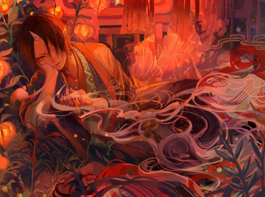 1boy angry black_hair chinese_lantern eyelashes fang fingernails fireflies fringe hair_over_one_eye hand_on_own_cheek head_rest holding holding_pipe hoozuki_(hoozuki_no_reitetsu) hoozuki_no_reitetsu horn japanese_clothes kiseru koby leaning_to_the_side light_particles long_fingernails long_sleeves looking_at_viewer male_focus oni oni_horns parted_lips pipe plant pointy_ears red red_eyes sharp_fingernails sitting smoke smoking solo torii wide_sleeves
