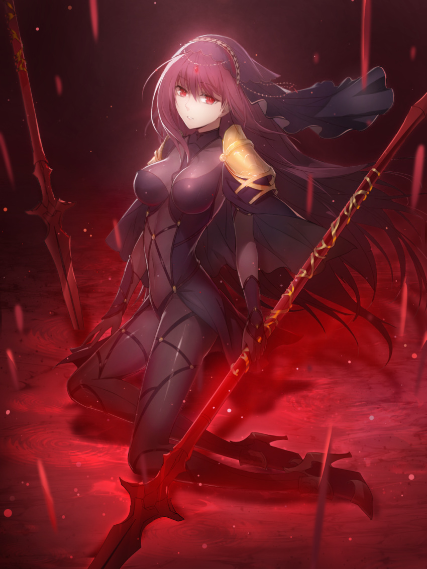 1girl bodysuit breasts covered_navel fate/grand_order fate_(series) gae_bolg highres large_breasts long_hair looking_at_viewer pauldrons polearm purple_bodysuit purple_hair red_eyes ripples scathach_(fate/grand_order) solo spear tebd_menkin veil weapon