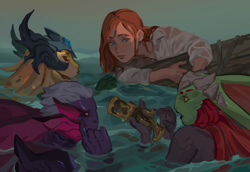 1boy 3girls :o absurdres bangs black_sclera black_skin blonde_hair blue_eyes colored_sclera colored_skin fins freckles green_skin grey_hair gun helmet highres holding holding_gun holding_weapon league_of_legends long_hair looking_at_another mermaid miss_fortune_(league_of_legends) monster_girl multiple_girls nami_(league_of_legends) open_mouth redhead shipwreck short_hair suqling water weapon