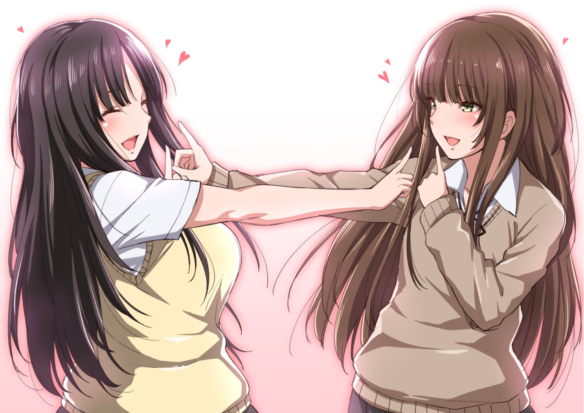 2girls :d ^_^ ^o^ amagami black_hair blush breasts brown_hair closed_eyes gradient gradient_background heart highres kamizaki_makoto kamizaki_risa koi_dance long_hair multiple_girls open_mouth seiren shouji_nigou siblings sisters smile sweater_vest yellow_eyes