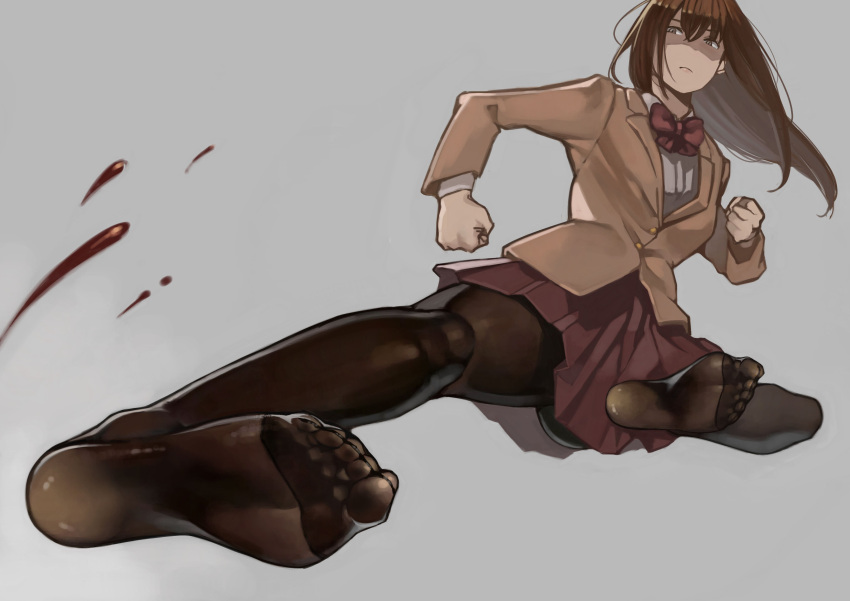 1girl absurdres ass black_legwear blood brown_eyes brown_hair clenched_hands feet highres long_hair matching_hair/eyes neck_ribbon no_shoes original pantyhose red_ribbon ribbon school_uniform skirt soles solo toes yomu_(sgt_epper)