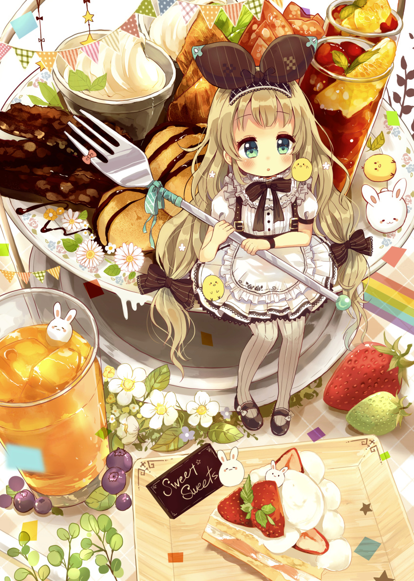 1girl absurdres apron bangs bird black_ribbon black_shoes blonde_hair bow branch cake checkered chick chocolate cocktail cocktail_glass collar cup drinking_glass eyebrows_visible_through_hair food fork frilled_apron frilled_collar frills fruit grapes green_eyes hair_ribbon hairband highres holding holding_fork ice iced_tea lace lace-trimmed_skirt long_hair mary_janes minigirl niikura_kaori original pennant pigeon-toed pink_bow plate puffy_short_sleeves puffy_sleeves rabbit ribbon shoes short_sleeves sitting skirt solo strawberry striped striped_ribbon suspenders sweets very_long_hair whipped_cream white_flower wristband