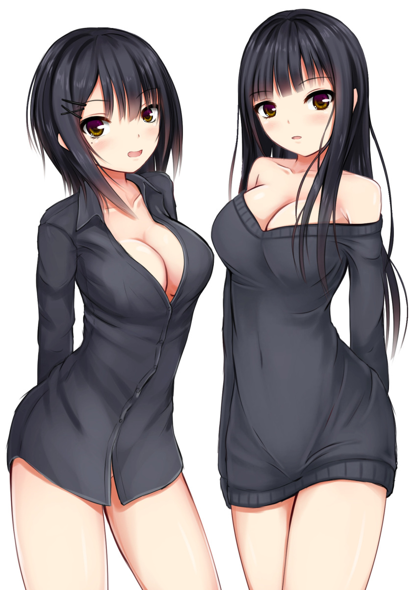 2girls :d arms_behind_back bangs bare_shoulders black_hair black_shirt black_sweater blunt_bangs blush bottomless breasts brown_eyes buttons cleavage collarbone collared_shirt contrapposto covered_navel cowboy_shot dress dress_shirt eyebrows_visible_through_hair from_side groin hair_between_eyes hair_ornament hairclip highres hips kurokami_(kurokaminohito) large_breasts legs_apart legs_together long_hair long_sleeves looking_at_viewer multicolored_eyes multiple_girls naked_shirt naked_sweater no_bra off_shoulder open_mouth original parted_lips shirt short_hair sidelocks simple_background smile standing straight_hair sweater sweater_dress violet_eyes white_background x_hair_ornament yellow_eyes