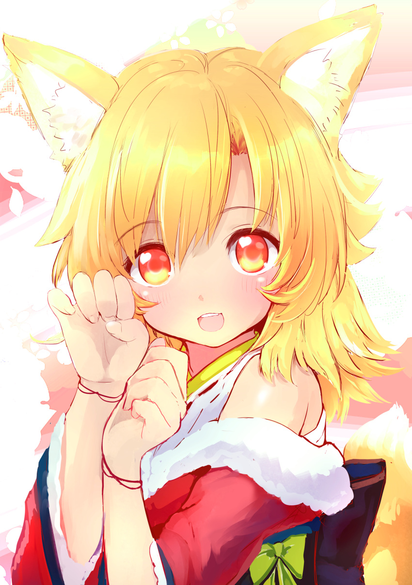 1girl absurdres animal_ears bare_shoulders blonde_hair blush dated fox_ears fox_tail heart highres hutaba_akane japanese_clothes long_hair looking_at_viewer naomi_(sekai_no_hate_no_kissaten) open_mouth original paw_pose red_eyes smile solo tail twitter_username
