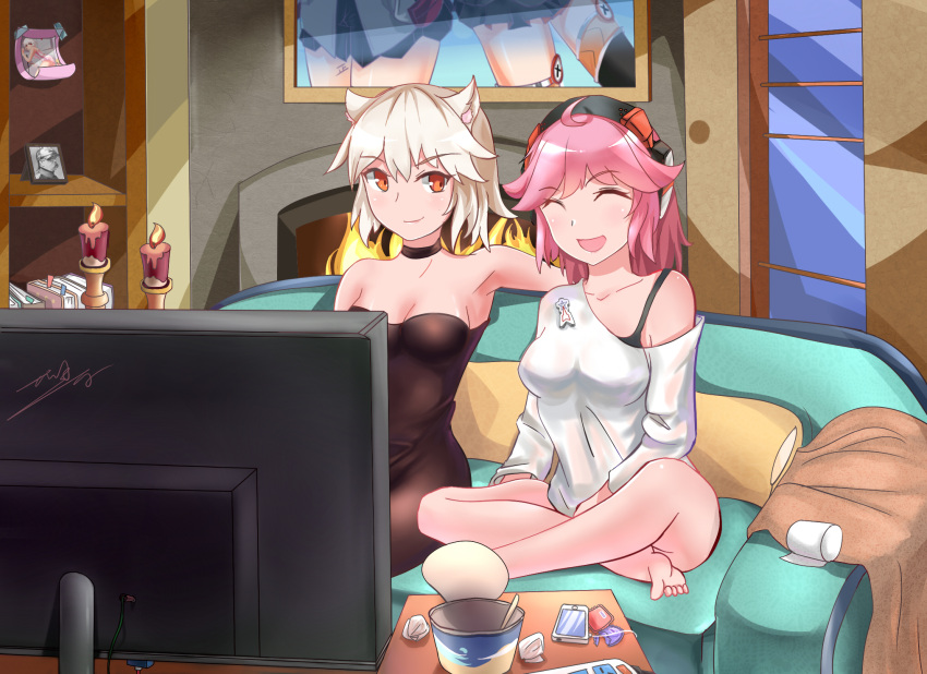 2girls animal_ears barefoot bismarck_(zhan_jian_shao_nyu) black_bra bra candle cat_ears choker closed_eyes couch highres indian_style indoors looking_at_another multiple_girls off_shoulder open_mouth photo_(object) pink_hair qiancong red_eyes short_hair sitting strapless television tirpitz_(zhan_jian_shao_nyu) underwear white_hair zhan_jian_shao_nyu