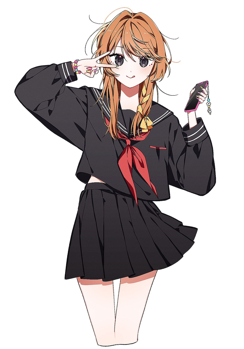 1girl black_shirt black_skirt blush bracelet cellphone_charm charm_(object) commission grey_eyes hair_intakes hair_ribbon highres holding holding_phone jewelry korean_commentary licking_lips long_hair looking_at_viewer neckerchief orange_hair orange_ribbon original phone pleated_skirt red_neckerchief ribbon sailor_collar shirt simple_background skirt smile solo tongue tongue_out v white_background yusol_(otksol)