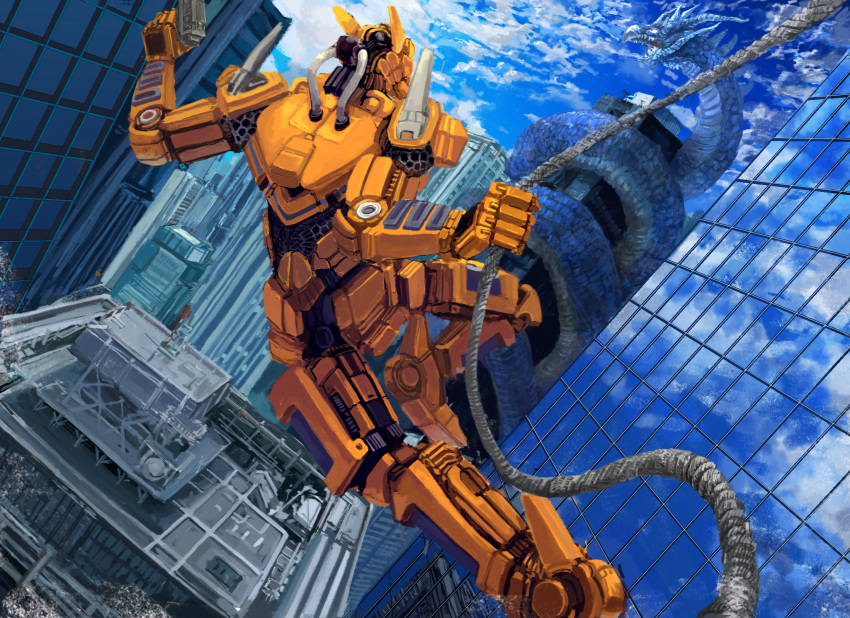 blue_sky bt0509 cityscape clouds dragon dutch_angle gun highres mecha no_humans open_mouth original rappelling reflection robot rope sky weapon