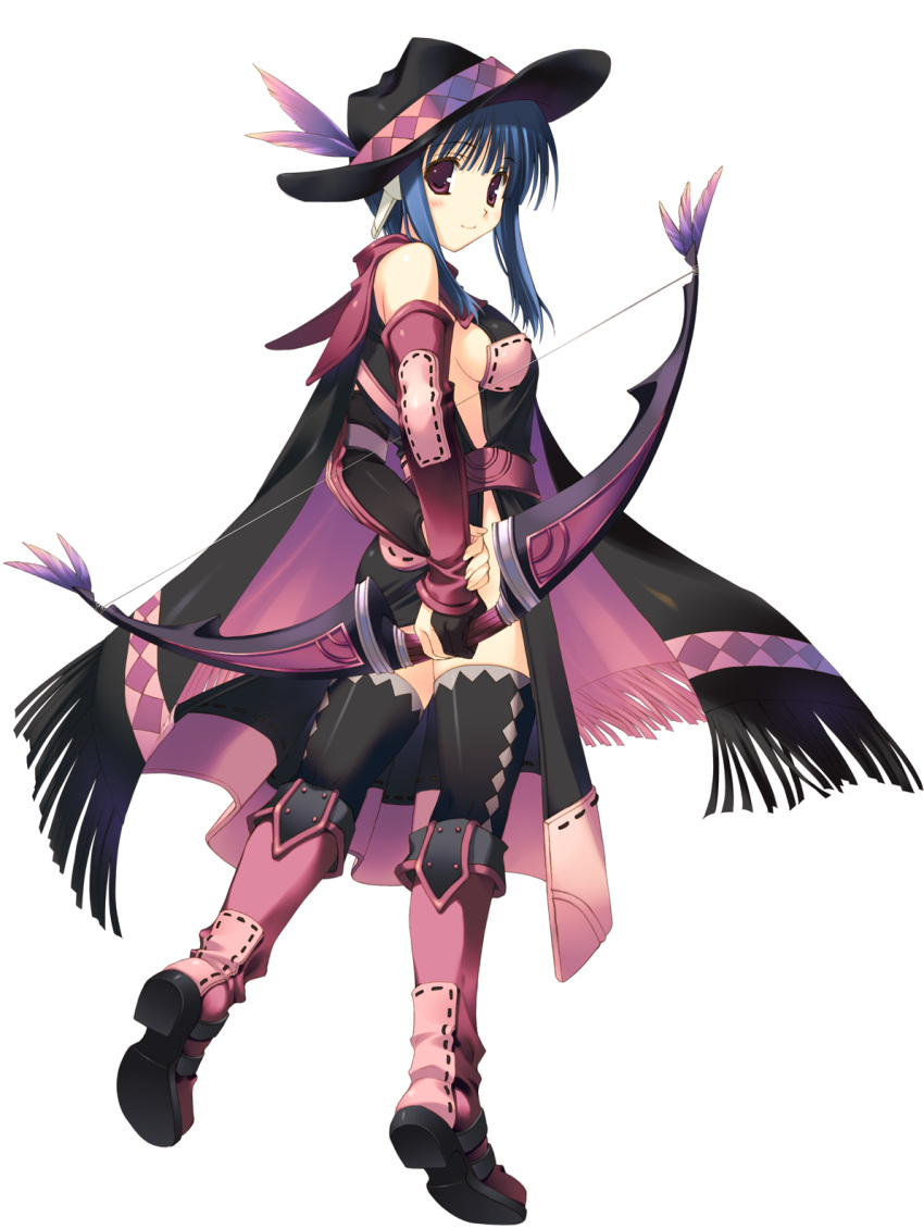 1girl android argyle argyle_legwear arms_behind_back ass bangs bare_shoulders belt black_cape black_dress black_gloves black_hat black_legwear blue_hair blunt_bangs blush boots bow_(weapon) breasts cape closed_mouth detached_sleeves dress elbow_gloves elbow_pads eyebrows_visible_through_hair feathers fringe from_side full_body gloves gradient hat hat_feather highres holding holding_arm holding_weapon ilfa knee_boots kneepits light_smile looking_at_viewer looking_back medium_breasts mitsumi_misato no_bra no_panties partly_fingerless_gloves pink_boots ribbon_trim robot_ears short_hair short_hair_with_long_locks side_slit sideboob sidelocks single_glove smile solo standing taut_clothes tiptoes to_heart_2 to_heart_2_dungeon_travelers transparent_background violet_eyes weapon yugake